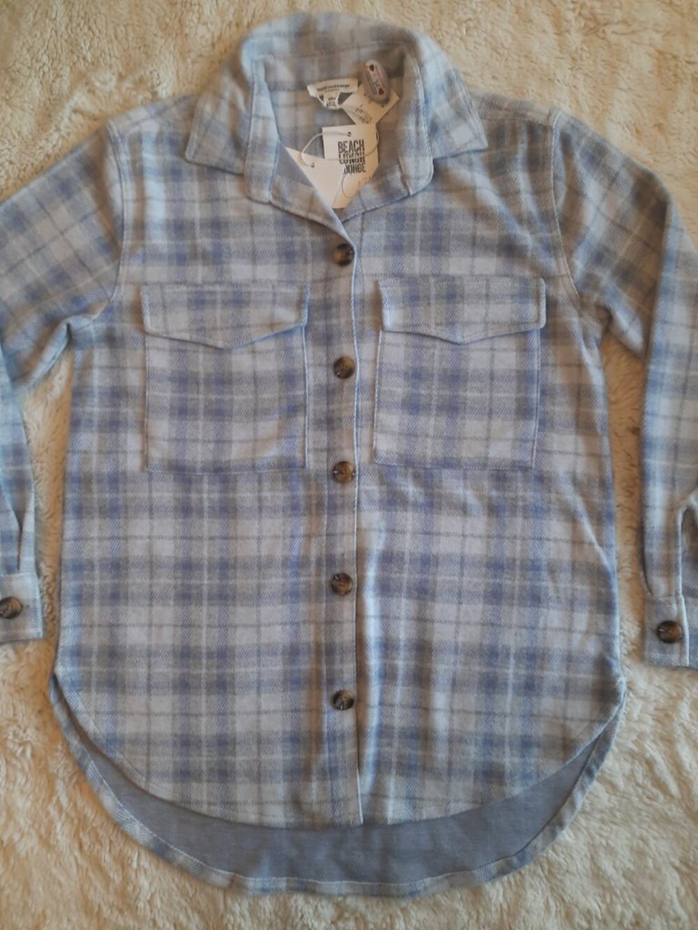 NWT Beachlunchlounge Shacket - Plaid & Solid Dual Knit - Blue/Grey - Size XS